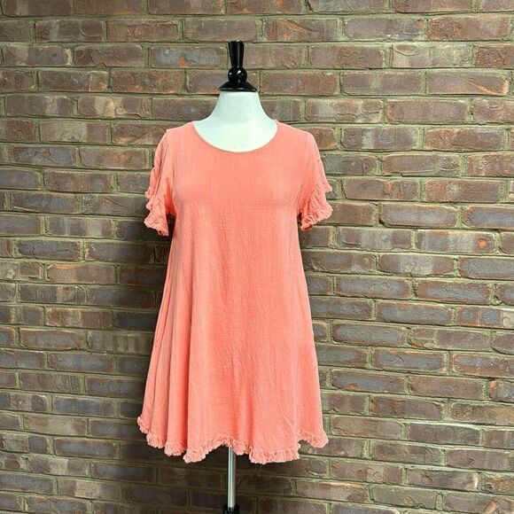 Umgee Coral Short Flutter Sleeve Linen Blend Dress Size Medium NEW - Picture 2 of 6